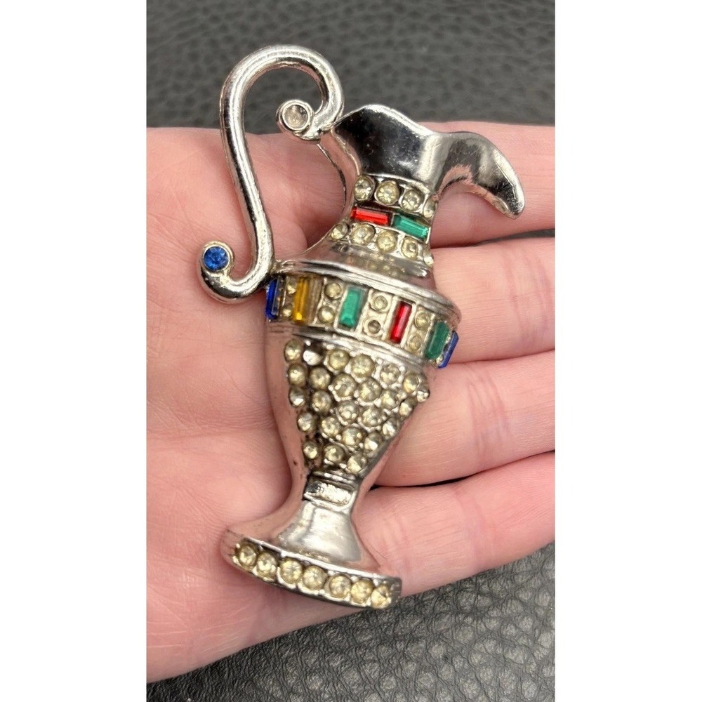 Vintage Huge 3" Deco Etruscan Style Pot Metal Urn Pitcher Brooch Pin Rhinestone